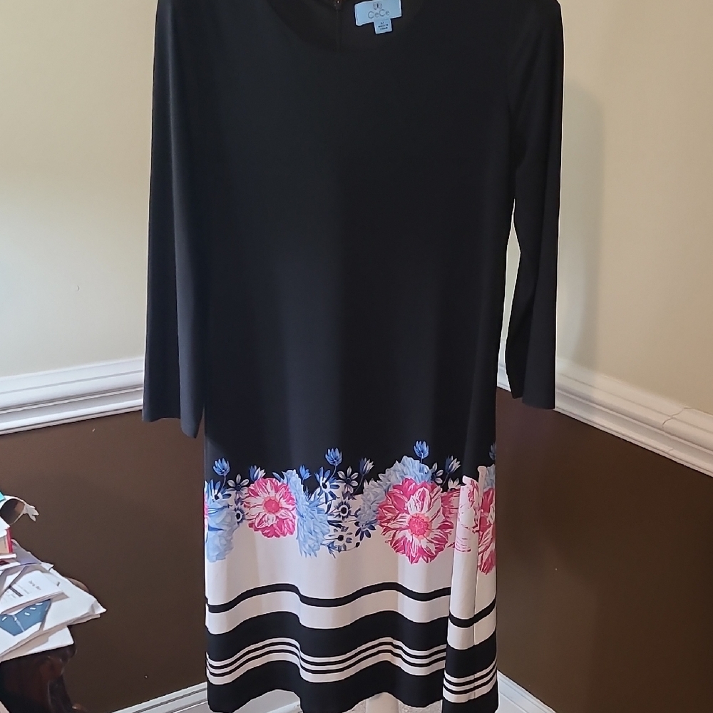 CeCe Black Dress with Pink and Blue Floral Pattern
